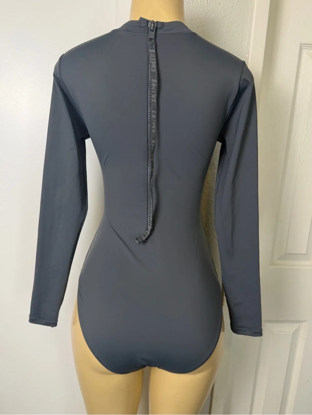 SKIMS Swim Long Sleeve One Piece in Gunmetal Back pull zip rashguard small